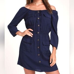 Perch by Blu Pepper Navy Off Shoulder Button Down Pocket Dress